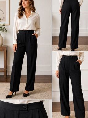 Vintage Black Wool Trousers High Waist Straight Leg Tailored Pants Size 10